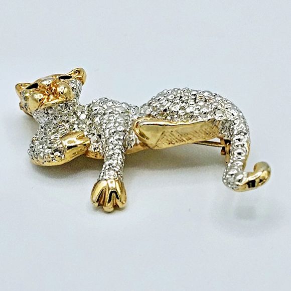Cheetah Leopard Brooch Pendant Vintage Big Cat Enamel Eyes Jaguar Nugget Pin - Picture 4 of 9